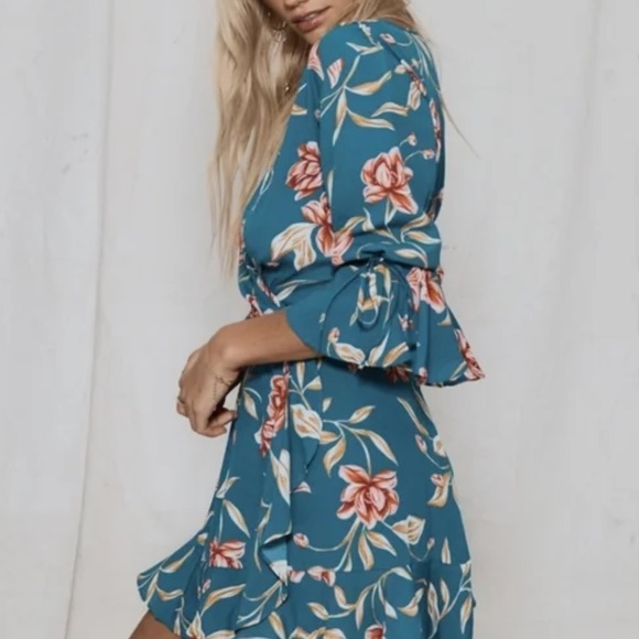 KIVARI Lucia Teal Floral Frill Wrap Mini Dress RRP$190 - Picture 3 of 16